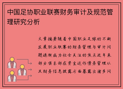 中国足协职业联赛财务审计及规范管理研究分析 中国足协职业联赛财务审计及规范管理研究分析